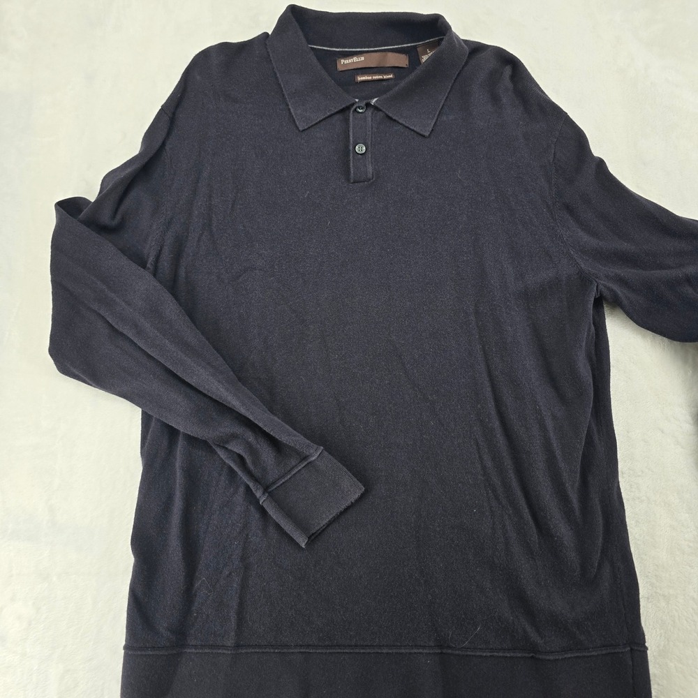 Perry Ellis‎ Polo Mens L Sweater Black Bamboo Cotton Blend Long Sleeve